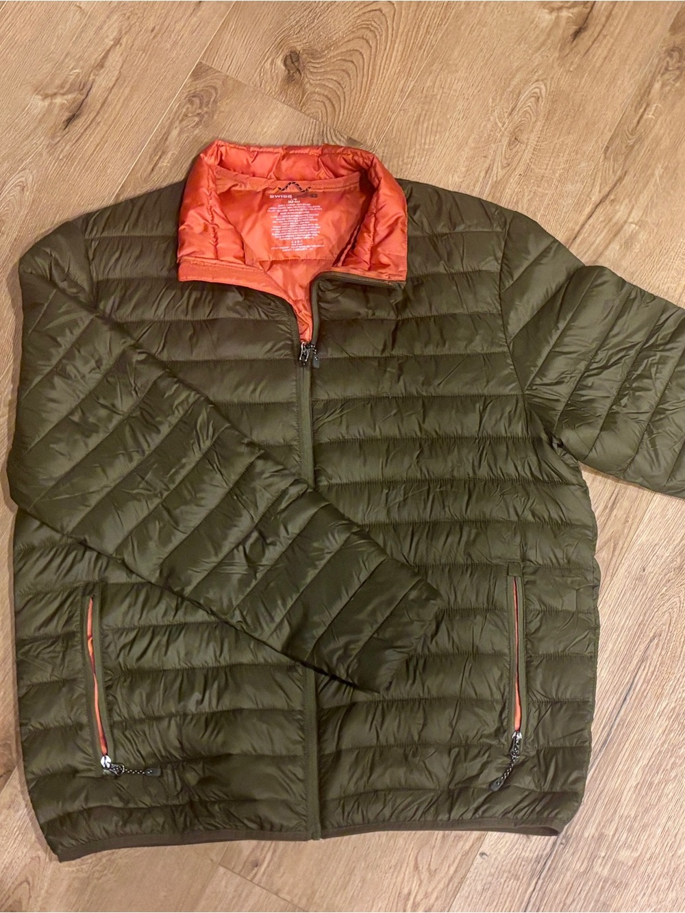 Swiss Tech Olive Green Puffer Jacket with Orange Lining